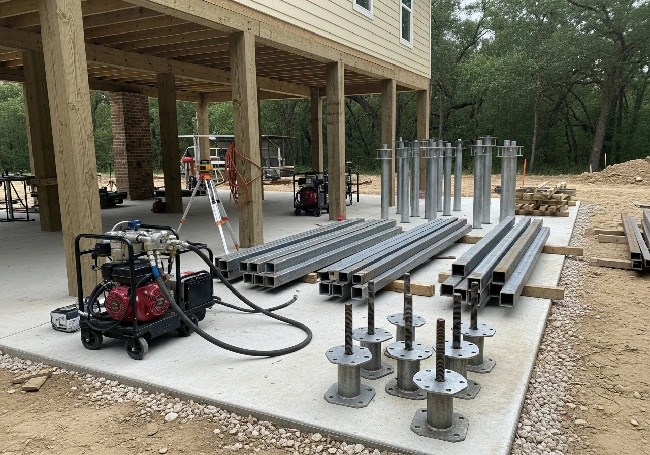 Construction crew and equipment on a job site, showing house leveling and foundation repair work in progress.
