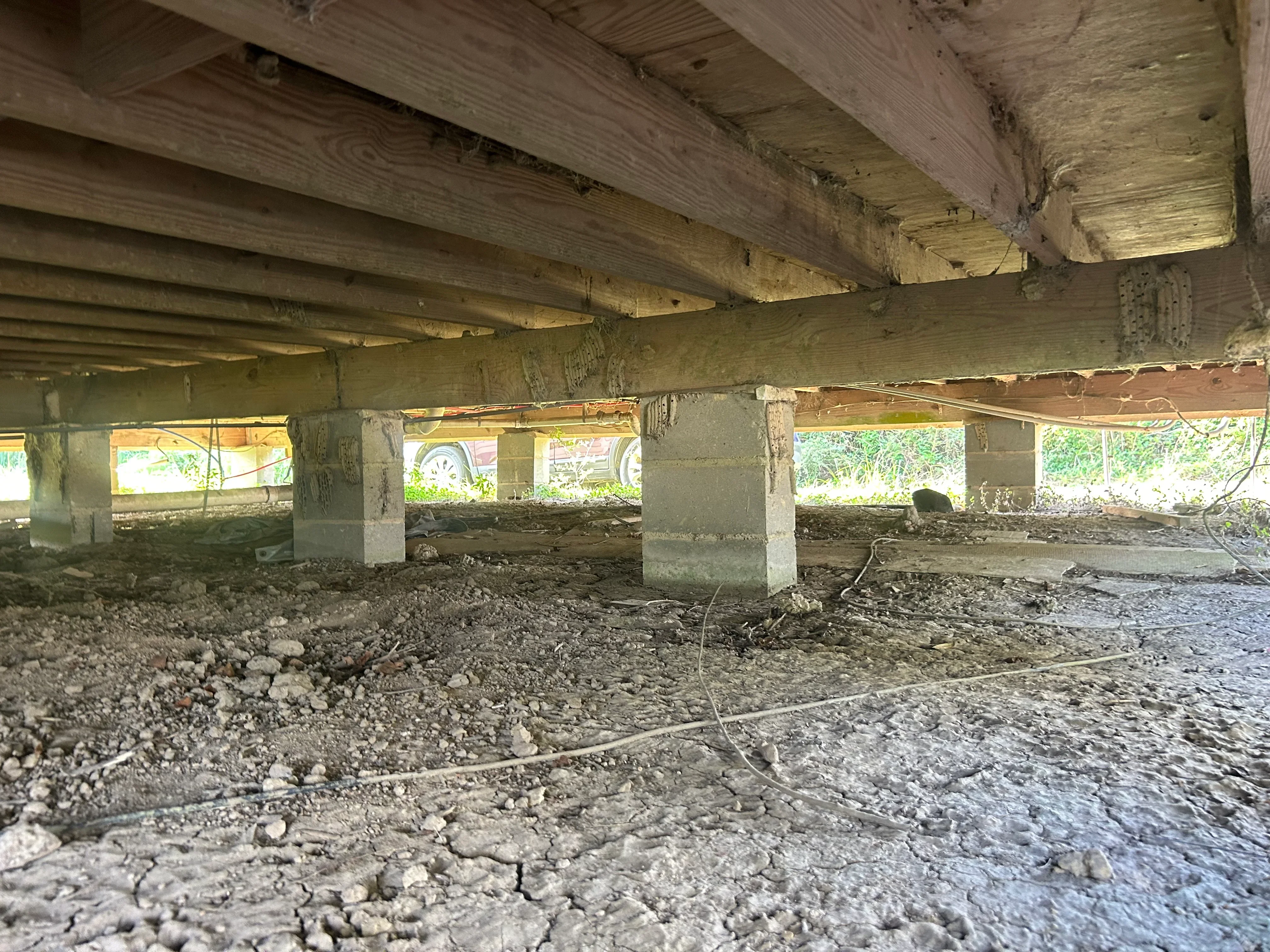Crawl space interior with concrete support columns and wooden beams under house structure