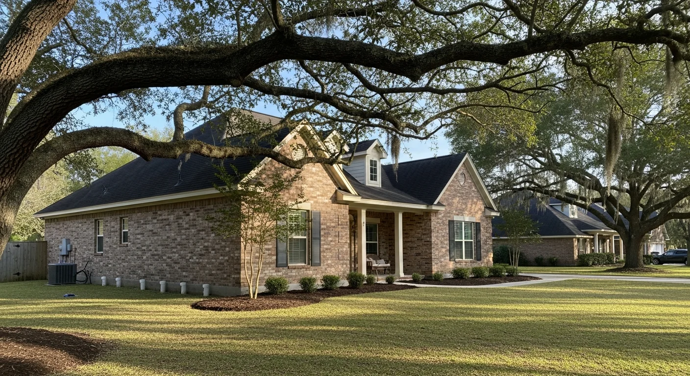 A well-maintained residential home in Lafayette with mature oak trees and a manicured lawn, typical of Acadiana neighborhoods.
