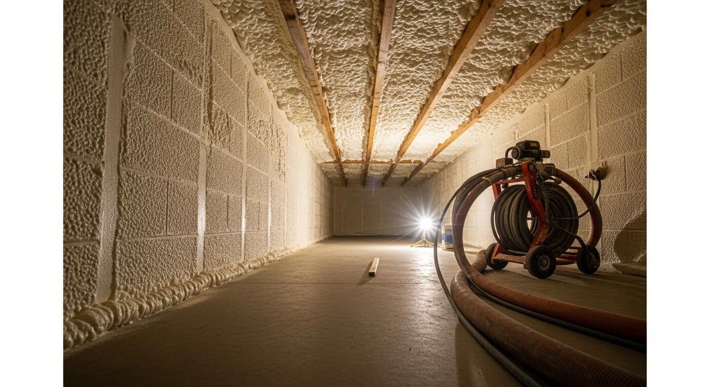 Closed cell spray foam insulation applied to the foundation walls and floor joists of a raised crawl space beneath a Lafayette, LA home. The rigid foam coating covers the full perimeter of the crawl space, sealing the structure against moisture and outside air.
