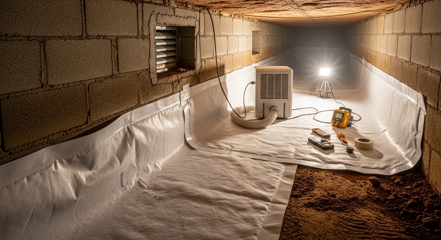 A Lafayette, LA crawl space after encapsulation showing a clean white vapor barrier covering the ground and walls beneath a pier-and-beam home. Floor joists above are dry and free of visible mold or moisture damage.