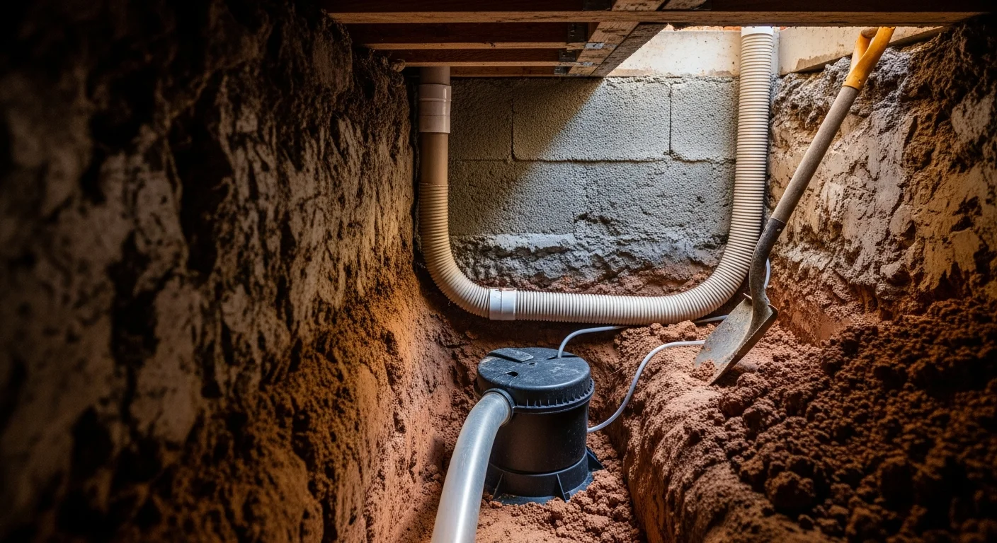 A Lafayette, LA pier-and-beam home crawl space with a cleared perimeter drainage channel directing water away from the foundation piers. Dry soil and visible structural beams show the result of completed foundation drainage work.