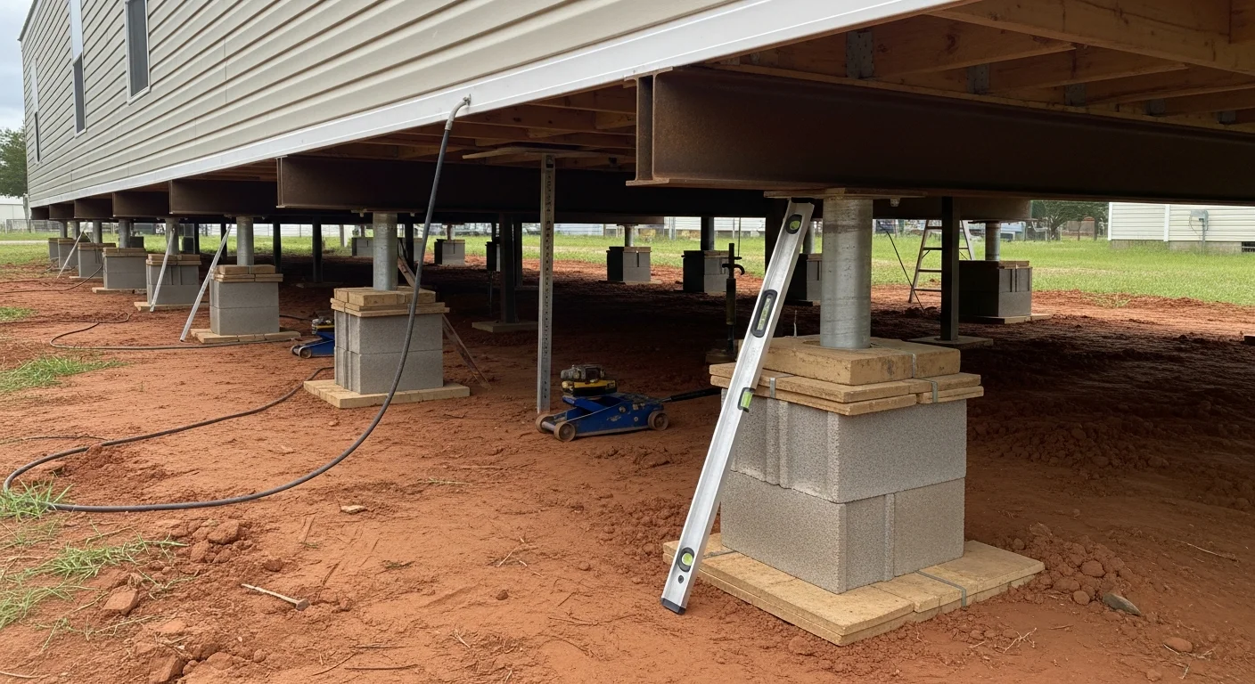 A mobile home in Lafayette, LA being re-leveled with hydraulic jacks, showing a technician adjusting concrete pier blocks beneath the frame on clay soil. The home sits in a residential setting typical of Lafayette Parish.
