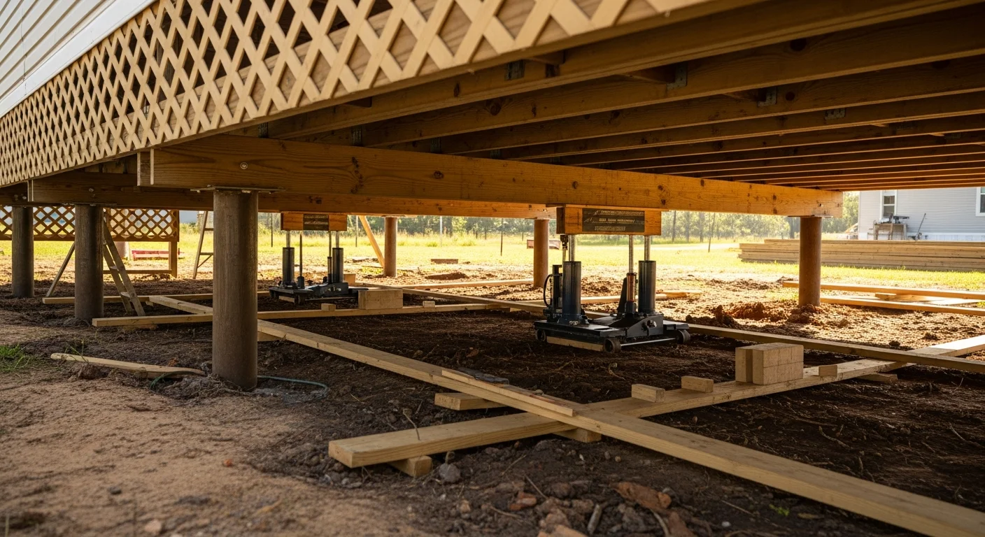 A mobile home in Lafayette, Louisiana viewed from ground level, showing a technician using a hydraulic jack beneath the pier and beam foundation to restore level alignment. The home sits on soft Louisiana soil with skirting partially removed to allow access to the support system.