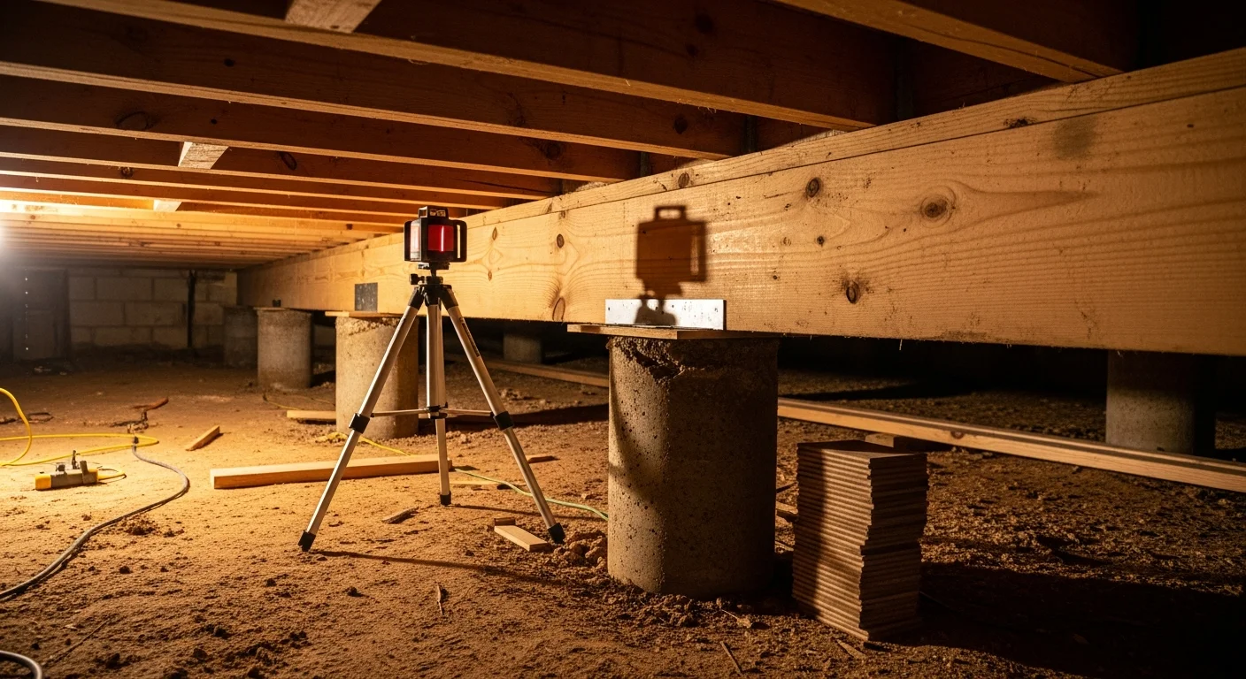A Lafayette, Louisiana pier and beam crawlspace after leveling, showing reset concrete piers and replaced wooden beams supporting a level floor structure. A laser level instrument is visible on the ground below the home, used to verify alignment during the repair.