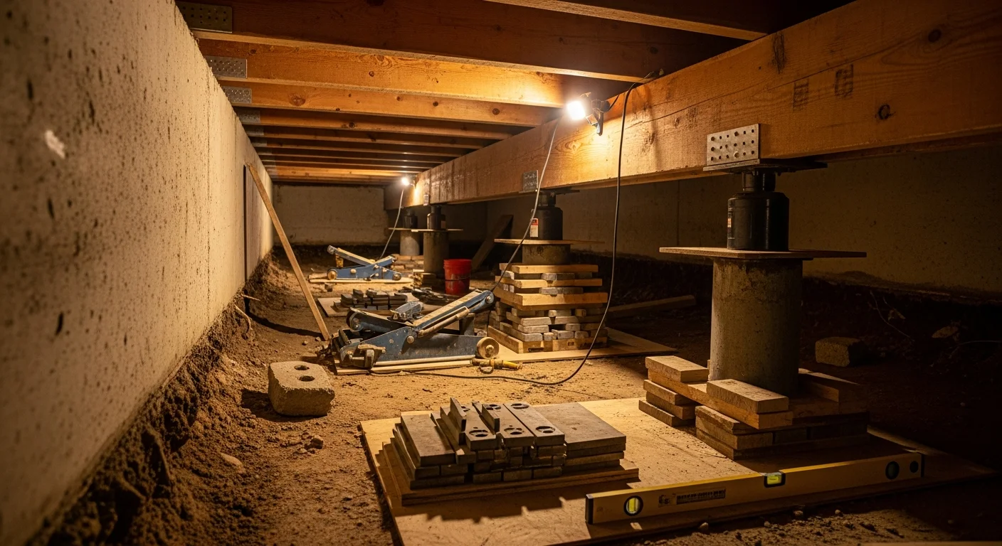 A Lafayette, Louisiana pier and beam home viewed from the crawlspace, showing newly set concrete piers and re-shimmed beams after foundation lifting work. The structure sits level above clay soil typical of the Lafayette Parish area.