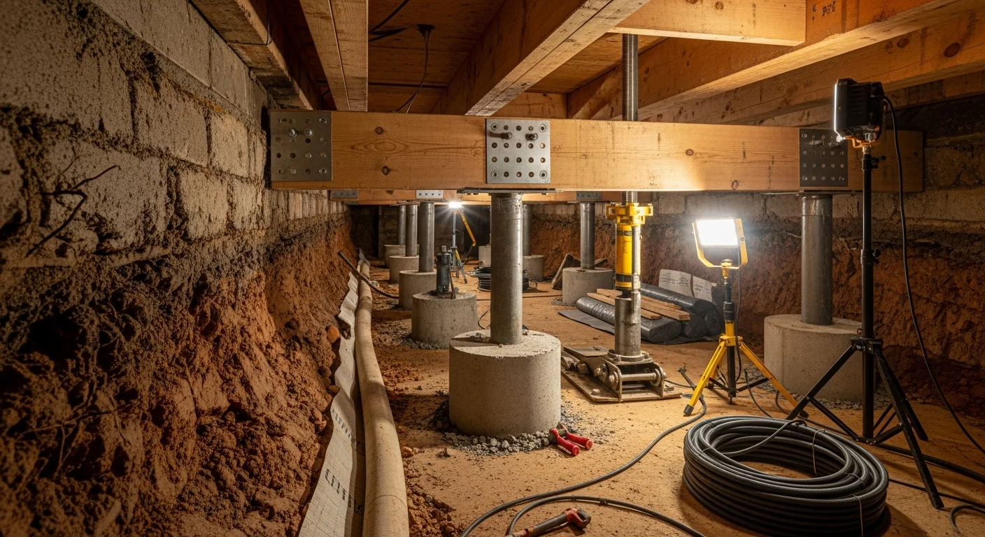 A Lafayette, LA pier and beam crawl space showing newly leveled concrete piers and reinforced beams beneath a raised wood-frame home. The repaired foundation sits above clay soil typical of the South Louisiana region.