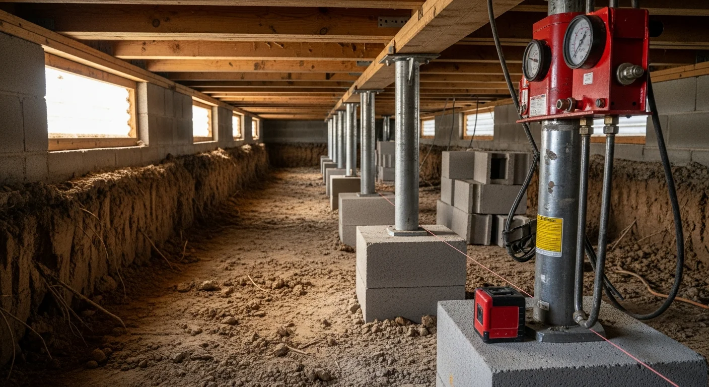A Lafayette, Louisiana raised home with newly replaced concrete block piers and level beams visible beneath the crawlspace. The supports are evenly spaced and plumb, showing a completed pier and block replacement on a South Louisiana residential foundation.