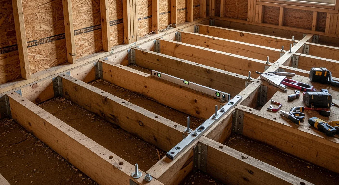 A Lafayette, LA home interior showing reinforced floor joists and repaired load-bearing wall framing during a structural renovation project. Exposed wood beams and support structures are visible mid-repair in a raised pier-and-beam style home.