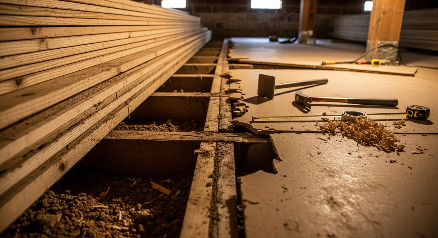 A Lafayette, LA crawl space showing a contractor removing damaged subfloor panels with exposed floor joists visible beneath a pier-and-beam home. New plywood subfloor sections are staged nearby for installation.